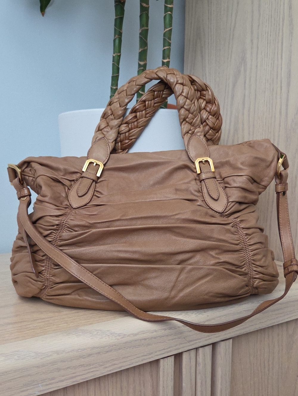 Vintage Bally Maliche Ruched Nappa Leather Shoulder Bag Tan Beige Swiss Made